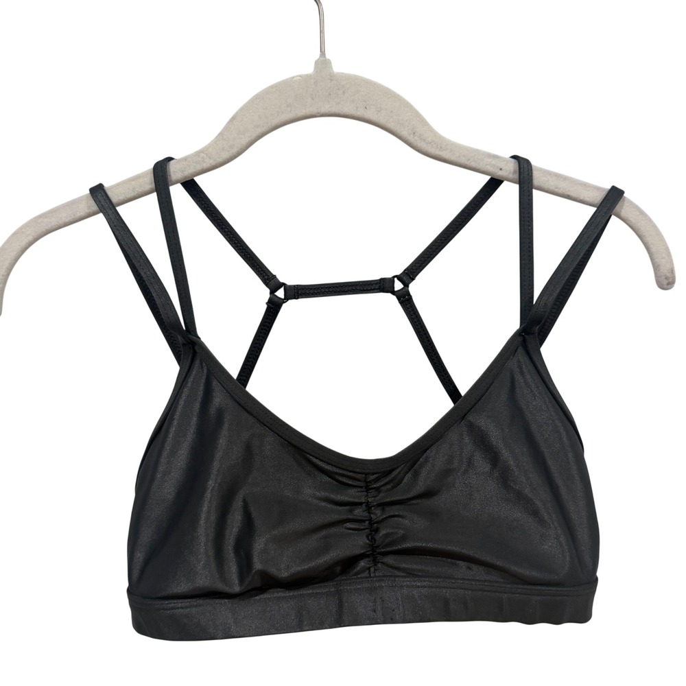 Koral Lustrous Sports Bra Black Shiny Liquid Strappy Caged Back Ruched Front